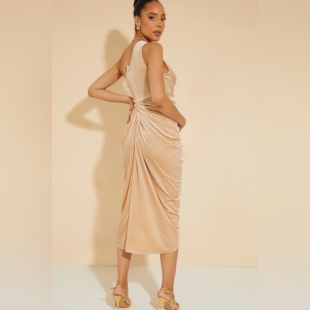 NWT PrettyLittleThing Maternity Nude Velvet Asymmetric Bodycon Midi Dress 10 - Picture 2 of 9